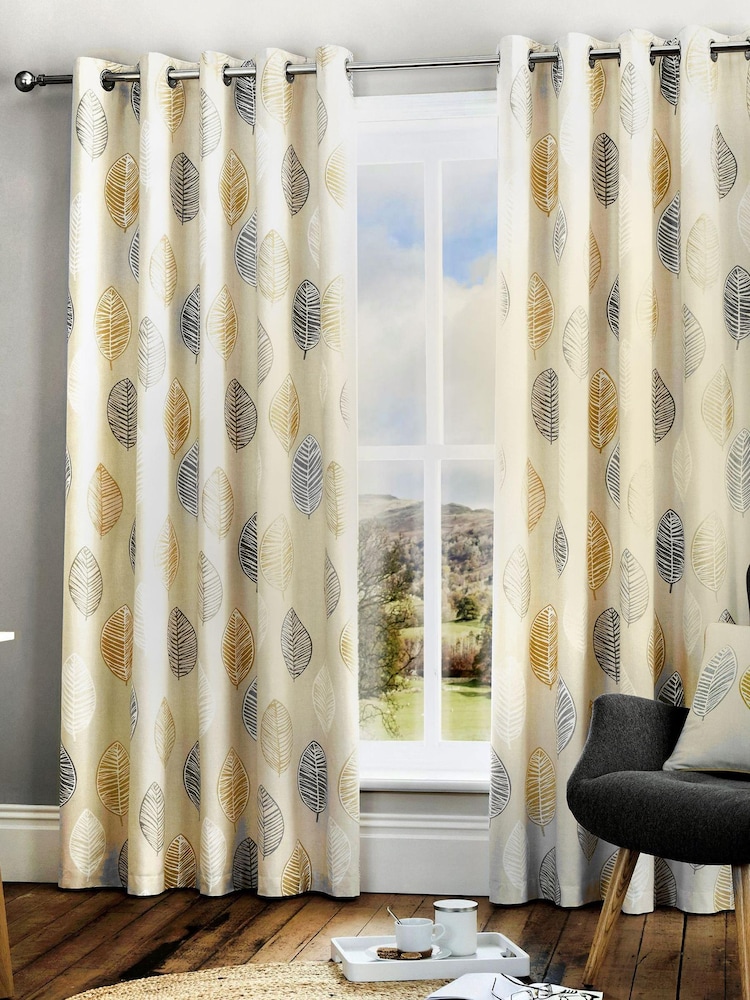Fusion Ochre Yellow Skandi Leaf Lined Eyelet Curtains - Image 1 of 1