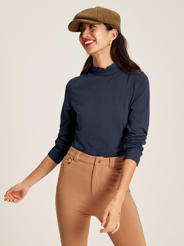 Joules Amy Navy Blue Long Sleeve High Neck Jersey Top - Image 1 of 5