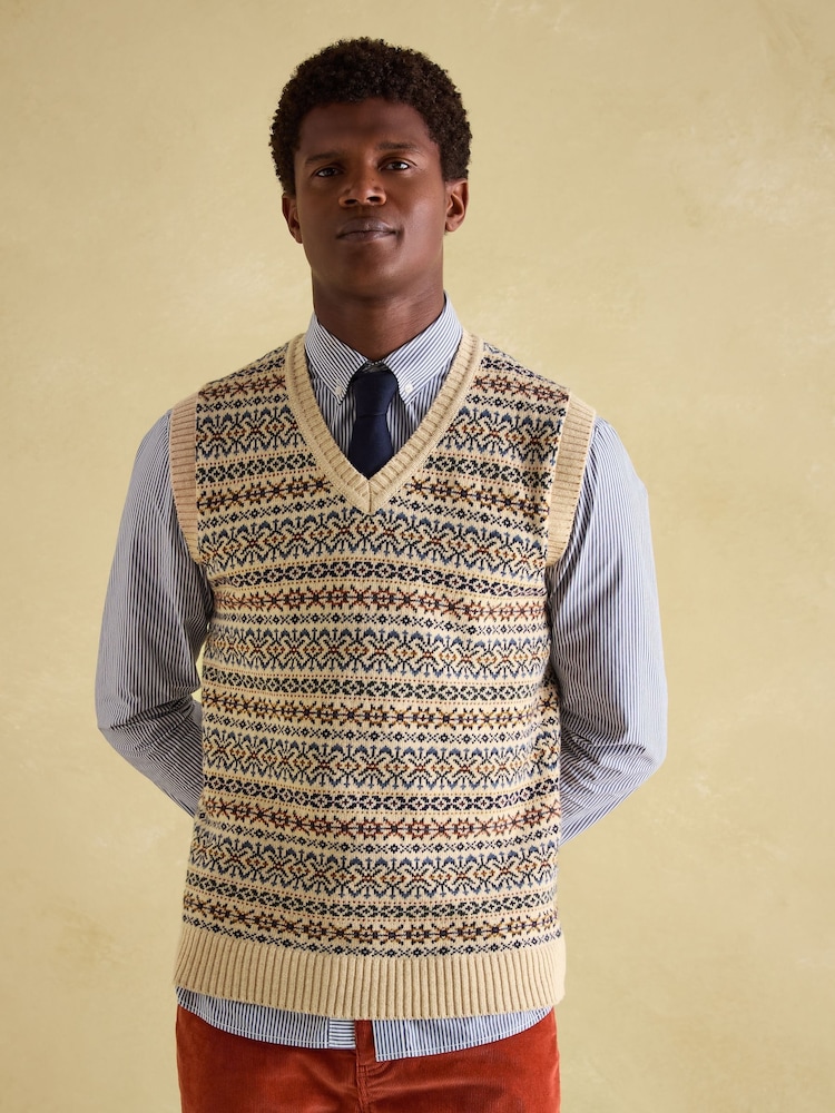 Joules Fairisle Pattern Cream Knitted Vest Contains Merino Wool - Image 1 of 8 Joules Fairisle Pattern Cream Knitted Vest Contains Merino Wool - Image 1 of 8