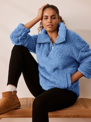 Bright Blue Borg Fleece Funnel Neck Half Zip Top - Image 1 of 7