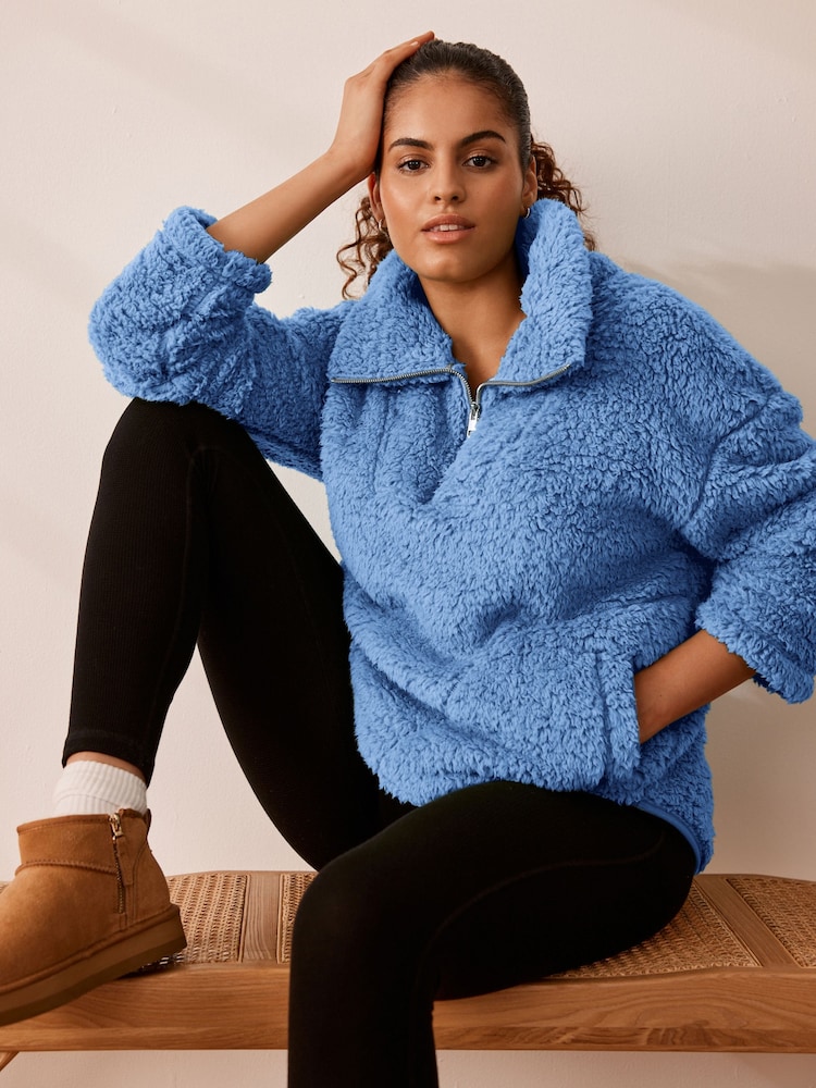 Bright Blue Borg Fleece Funnel Neck Half Zip Top - Image 1 of 7