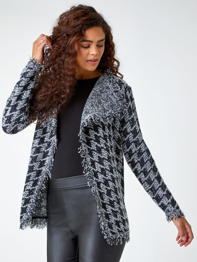Roman Black Fringed Houndstooth Knit Cardigan - Image 1 of 5