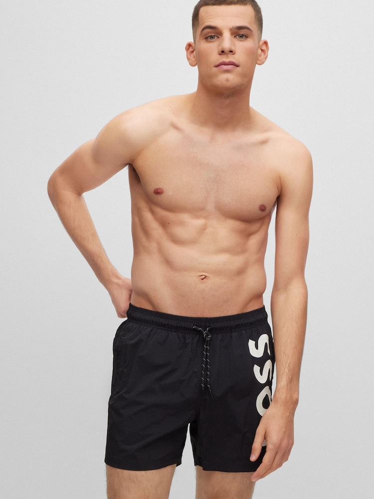 BOSS Black Vertical-Logo-Print Swim Shorts In Quick-Dry Poplin - Image 1 of 3