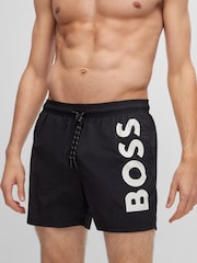 BOSS Black Vertical-Logo-Print Swim Shorts In Quick-Dry Poplin - Image 3 of 3