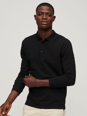 Superdry Black Long Sleeve Cotton Pique Polo Shirt - Image 1 of 6