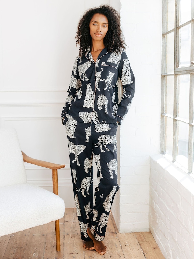 Chelsea Peers Blue Cotton Leopard Print Long Pyjamas Set - Image 1 of 5