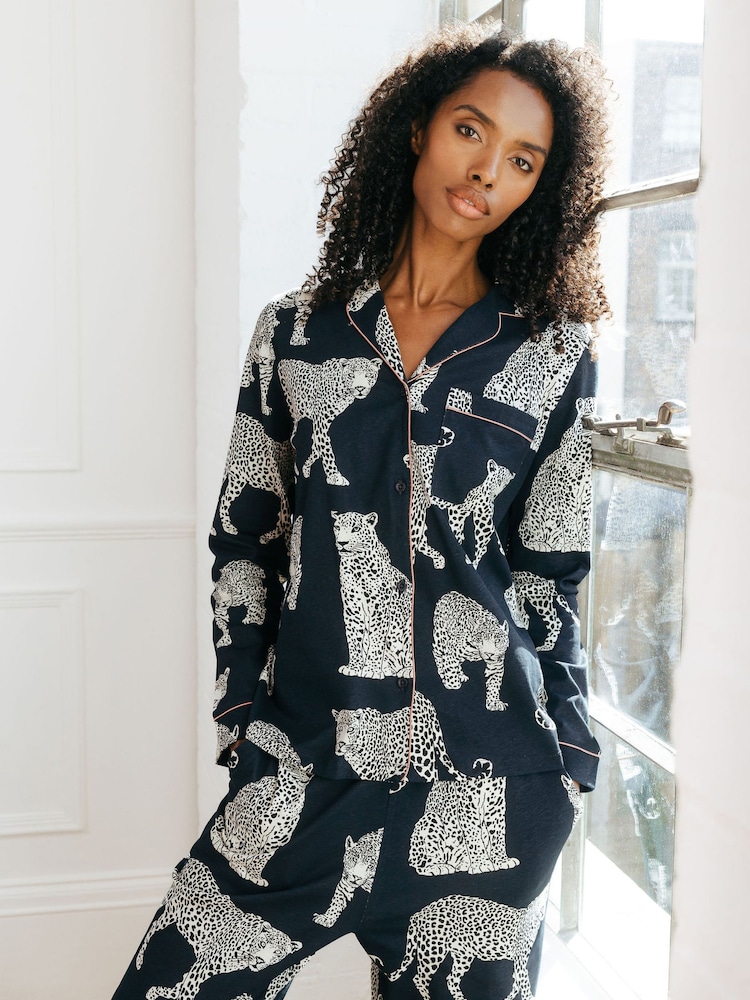 Chelsea Peers Blue Cotton Leopard Print Long Pyjamas Set - Image 2 of 5
