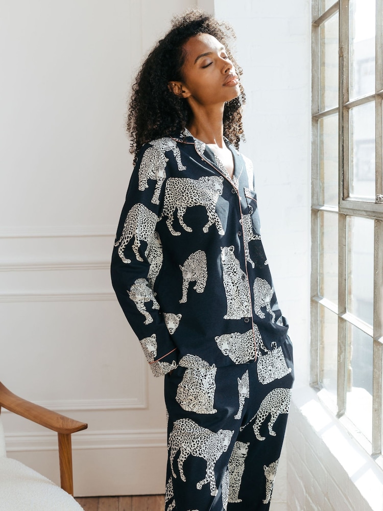 Chelsea Peers Blue Cotton Leopard Print Long Pyjamas Set - Image 5 of 5
