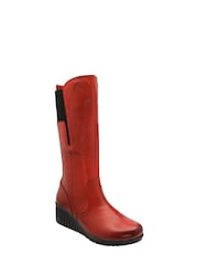 Lotus Red Leather Wedge Knee-High Boots - Image 1 of 4