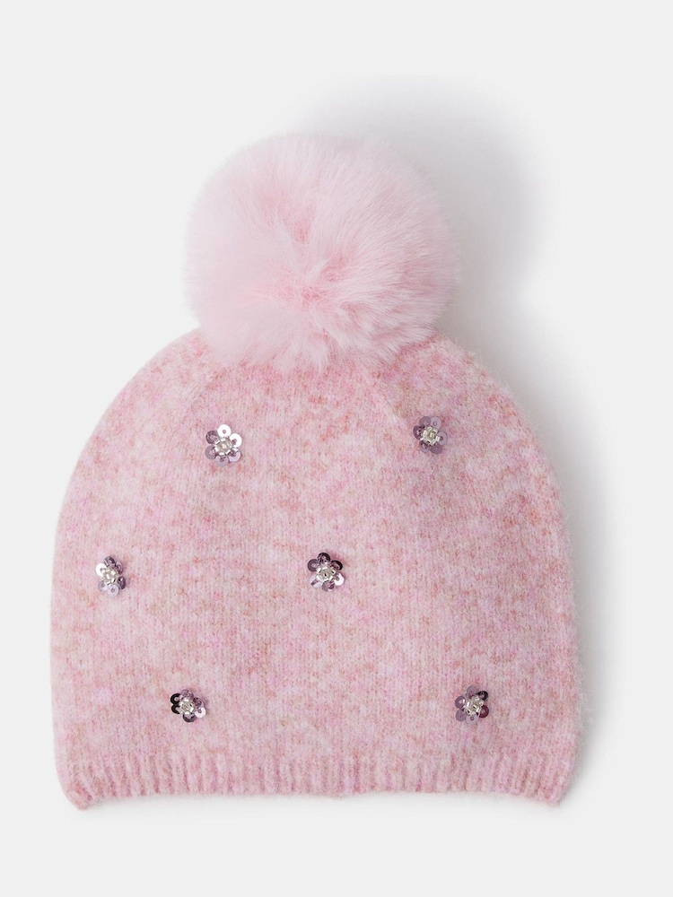 Angels By Accessorize Pink Floral Sequin Bobble Hat - Image 1 of 2 Angels By Accessorize Pink Floral Sequin Bobble Hat - Image 1 of 2