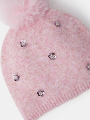 Angels By Accessorize Pink Floral Sequin Bobble Hat - Image 2 of 2