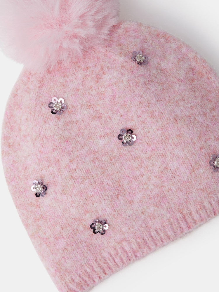 Angels By Accessorize Pink Floral Sequin Bobble Hat - Image 2 of 2 Angels By Accessorize Pink Floral Sequin Bobble Hat - Image 2 of 2
