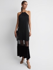 Reiss Black Janelle Fitted Satin-Velvet Midi Dress - Image 1 of 4