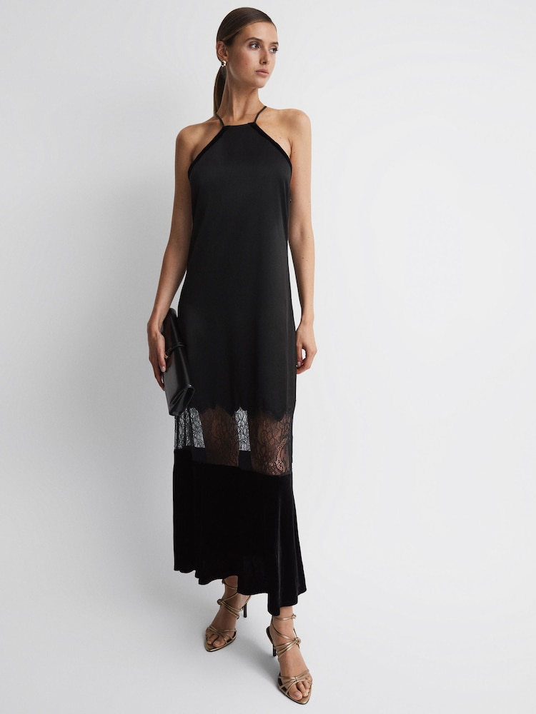 Reiss Black Janelle Fitted Satin-Velvet Midi Dress - Image 1 of 4