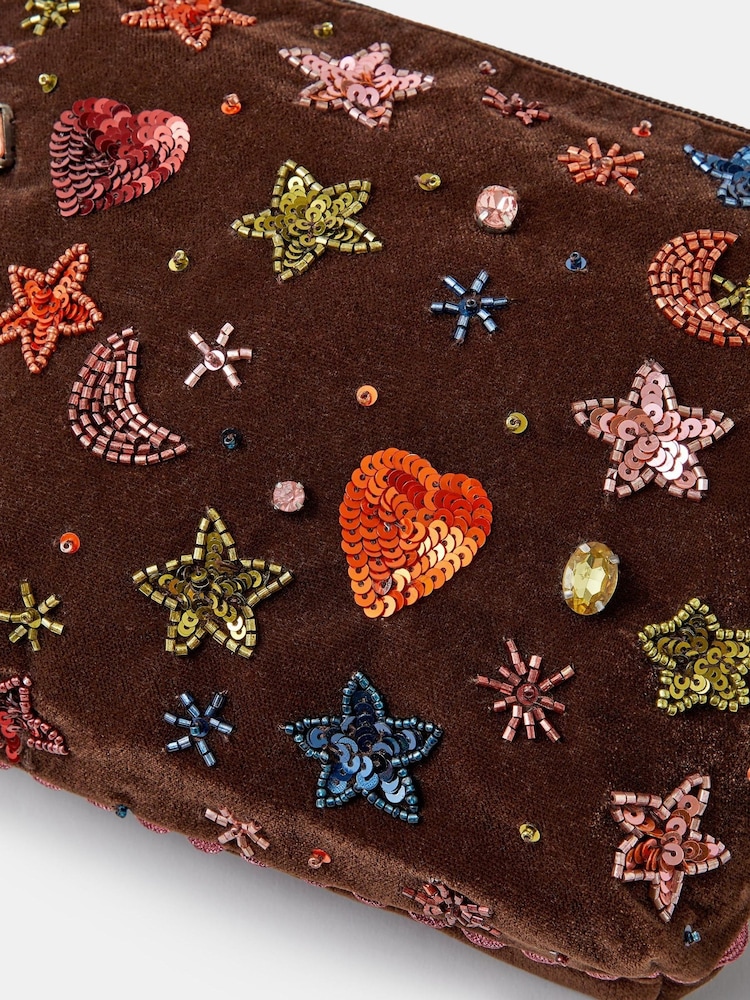 Accessorize Brown Large Celestial Embellished Velvet Pouch - Image 2 of 2
