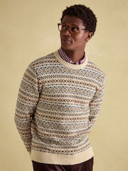Joules Fair Isle Cream Crew Neck Fairisle Pattern Jumper Contains Merino Wool - Image 1 of 8