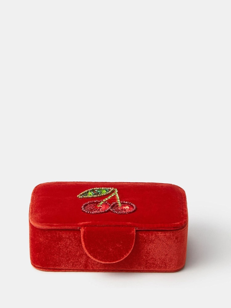 Accessorize Orange Embellished Cherry Velvet Jewellery Box - Image 1 of 2 Accessorize Orange Embellished Cherry Velvet Jewellery Box - Image 1 of 2