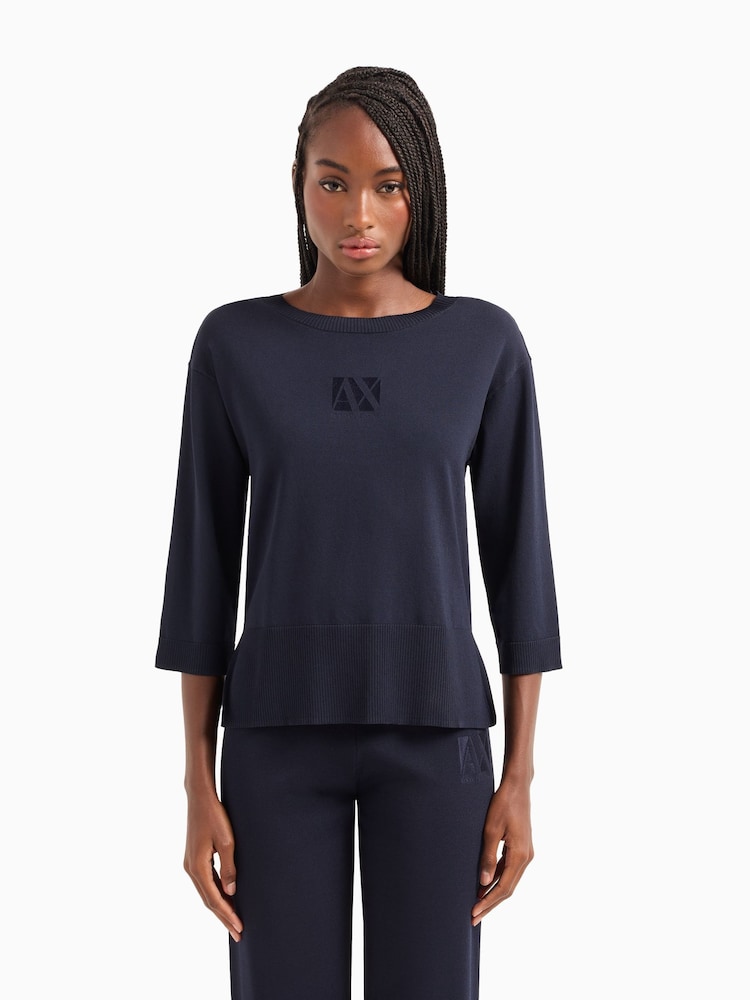 Armani Exchange Navy Logo Knitted Jumper - Image 1 of 5