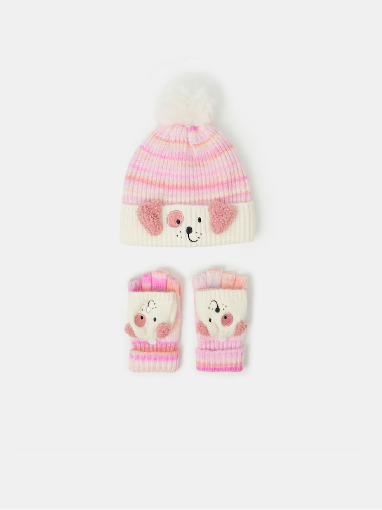 Angels By Accessorize Pink Dog Ombré Bobble Hat & Gloves Set - Image 1 of 1 Angels By Accessorize Pink Dog Ombré Bobble Hat & Gloves Set - Image 1 of 1