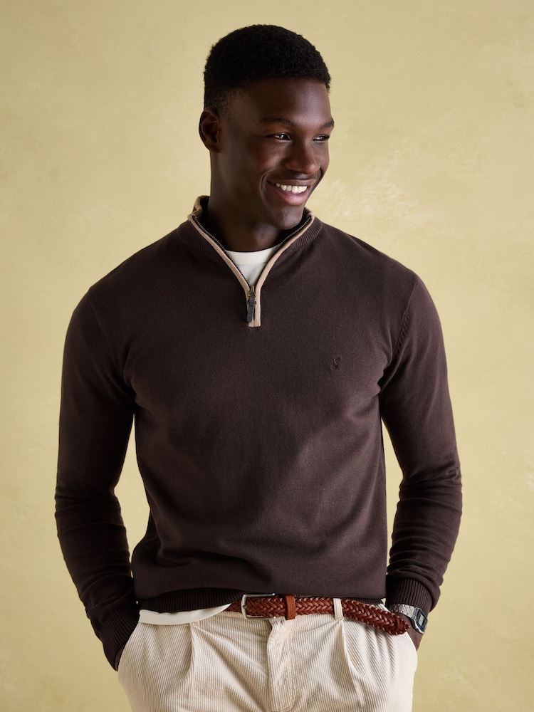 Joules Hillside Brown Quarter Zip Knit Jumper - Image 1 of 6