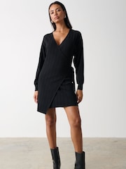 Pretty Lavish Black Shelby Mini Plisse Knitted Wrap Jumper Dress - Image 1 of 3