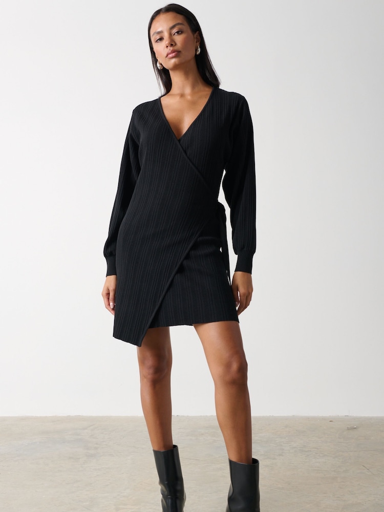 Pretty Lavish Black Shelby Mini Plisse Knitted Wrap Jumper Dress - Image 1 of 3