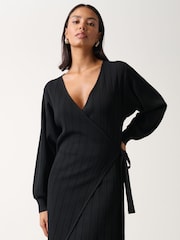 Pretty Lavish Black Shelby Mini Plisse Knitted Wrap Jumper Dress - Image 3 of 3
