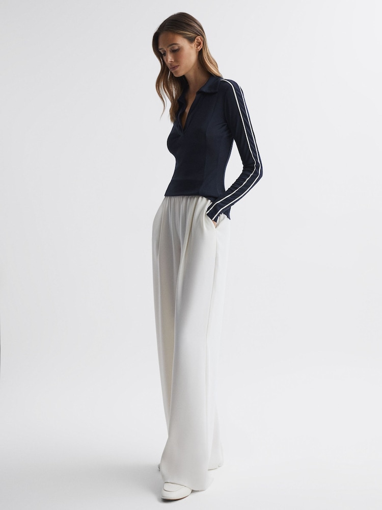 Reiss Navy/Ivory Allie Knitted Open Collar Top - Image 1 of 4 Reiss Navy/Ivory Allie Knitted Open Collar Top - Image 1 of 4