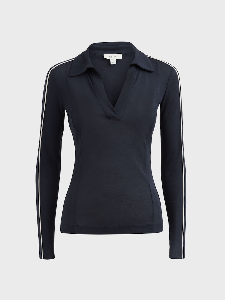 Reiss Navy/Ivory Allie Knitted Open Collar Top - Image 2 of 4