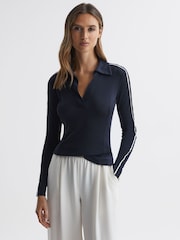 Reiss Navy/Ivory Allie Knitted Open Collar Top - Image 3 of 4