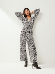 Black/White Long Sleeve Plisse Jumpsuit - Image 1 of 3