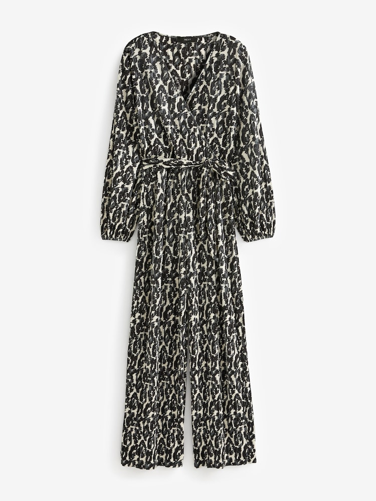 Black/White Long Sleeve Plisse Jumpsuit - Image 2 of 3