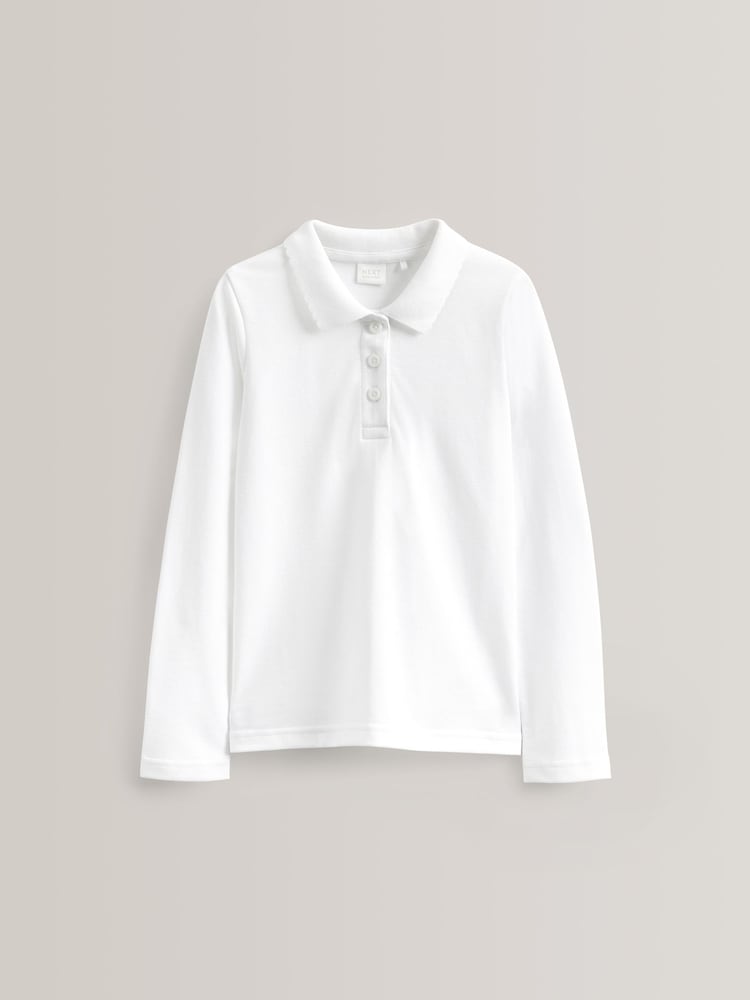 White 100% Cotton Long Sleeve School Polo Tops 2 Pack (3-16yrs) - Image 1 of 4