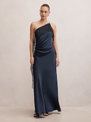 Forever New Blue Sylvie Asymmetrical Satin Bias Dress - Image 1 of 4