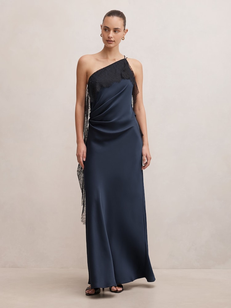 Forever New Blue Sylvie Asymmetrical Satin Bias Dress - Image 1 of 4 Forever New Blue Sylvie Asymmetrical Satin Bias Dress - Image 1 of 4