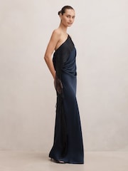 Forever New Blue Sylvie Asymmetrical Satin Bias Dress - Image 4 of 4