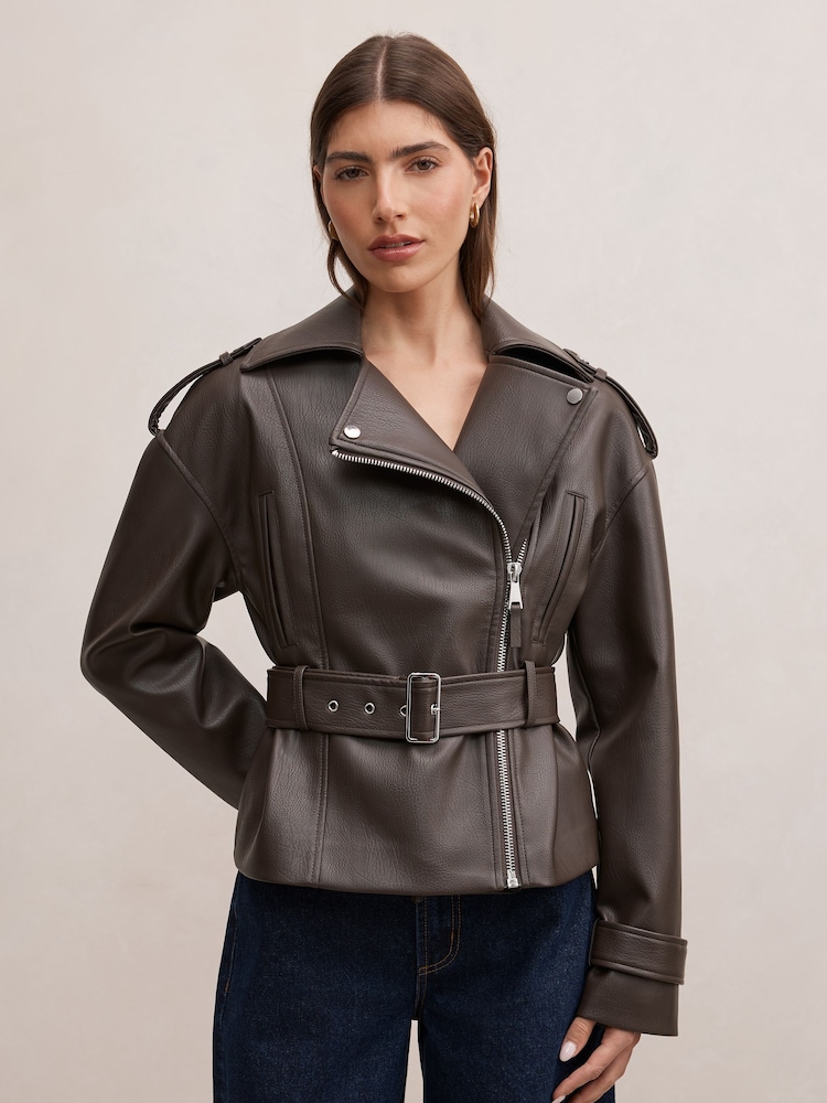 Forever New Brown Brooklyn Belted Biker Jacket - Image 1 of 5