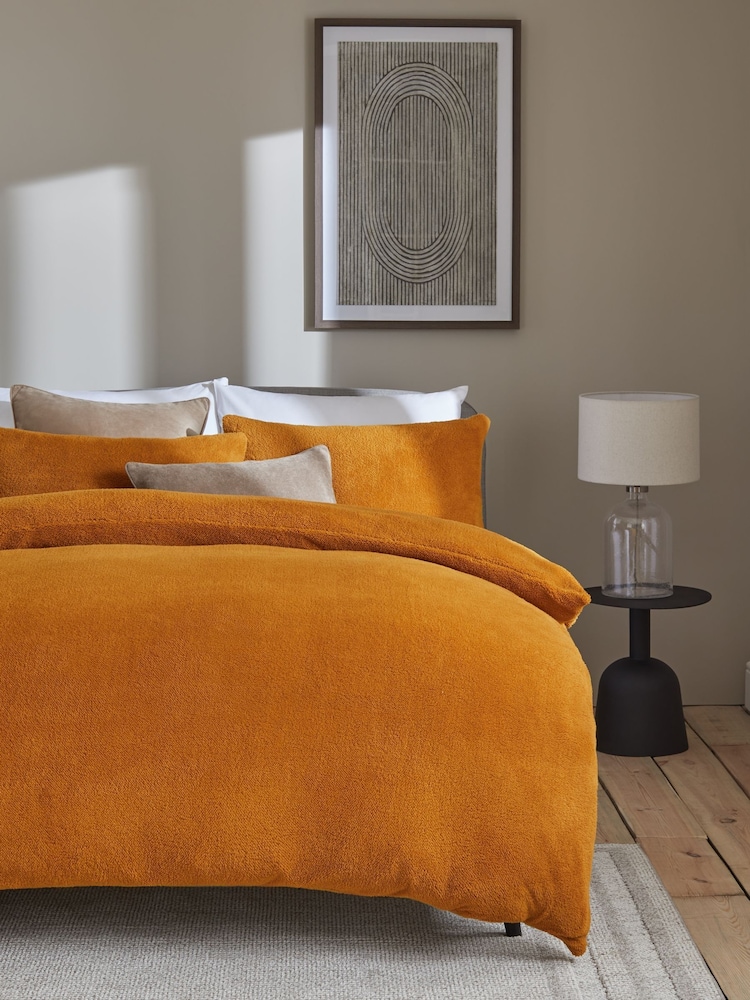 Ochre Yellow Soft Teddy Fleece Duvet Cover and Pillowcase Set - Image 1 of 5