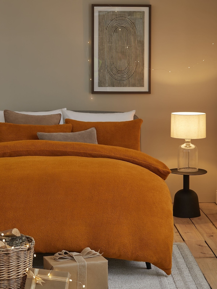 Ochre Yellow Soft Teddy Fleece Duvet Cover and Pillowcase Set - Image 2 of 5