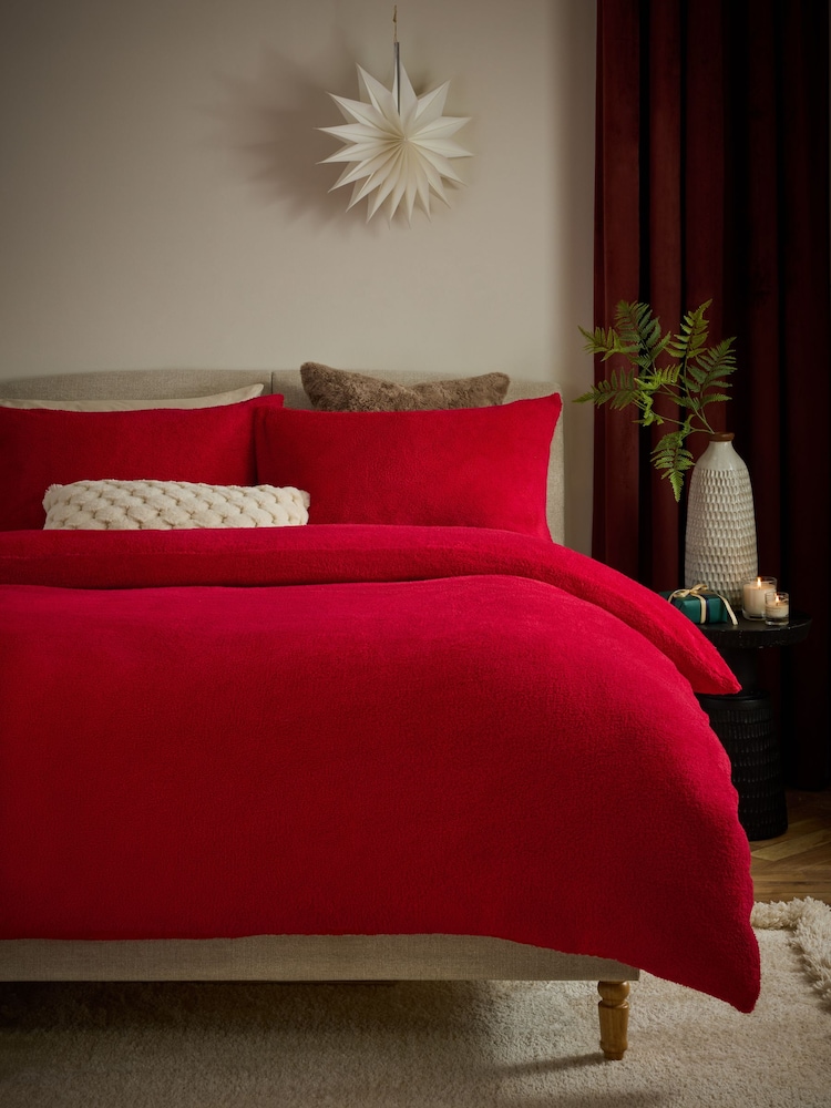 Red Soft Teddy Fleece Duvet Cover and Pillowcase Set - Image 1 of 4