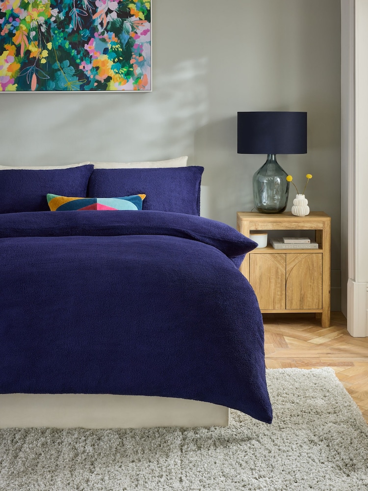 Navy Blue Soft Teddy Fleece Duvet Cover and Pillowcase Set - Image 2 of 5