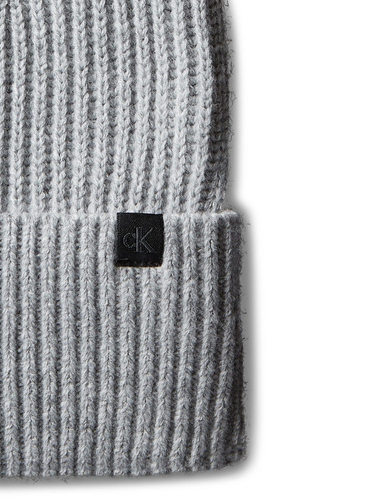 Calvin Klein Grey Ribbed Beanie - Image 3 of 3 Calvin Klein Grey Ribbed Beanie - Image 3 of 3