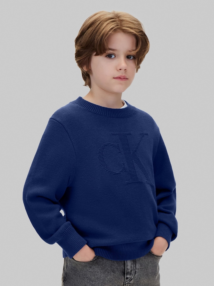 Calvin Klein Blue Knit Logo Jumper - Image 1 of 5 Calvin Klein Blue Knit Logo Jumper - Image 1 of 5