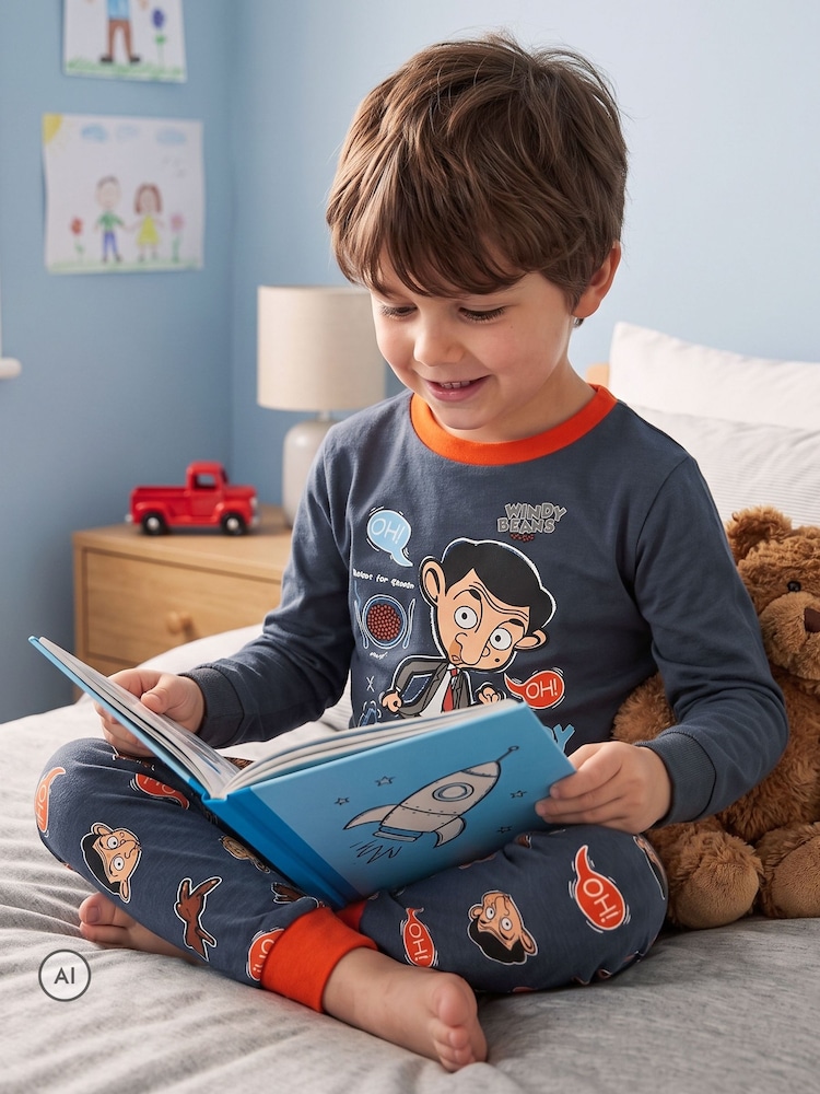 Character Blue Mr Bean And Teddy Long Sleeve Pyjamas - Image 2 of 6