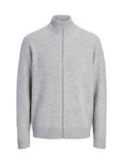 JACK & JONES Grey Fluffy Zip Through High Neck Cardigan - Image 1 of 5