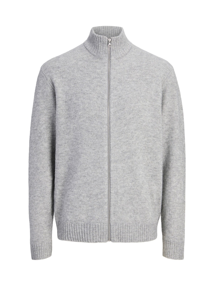 JACK & JONES Grey Fluffy Zip Through High Neck Cardigan - Image 1 of 5 JACK & JONES Grey Fluffy Zip Through High Neck Cardigan - Image 1 of 5