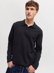 JACK & JONES Black Long Sleeve Knitted Polo Shirt - Image 1 of 3
