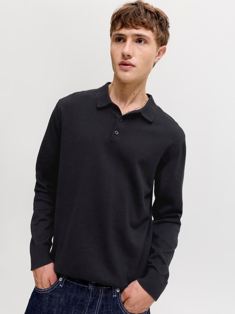 JACK & JONES Black Long Sleeve Knitted Polo Shirt - Image 1 of 3 JACK & JONES Black Long Sleeve Knitted Polo Shirt - Image 1 of 3