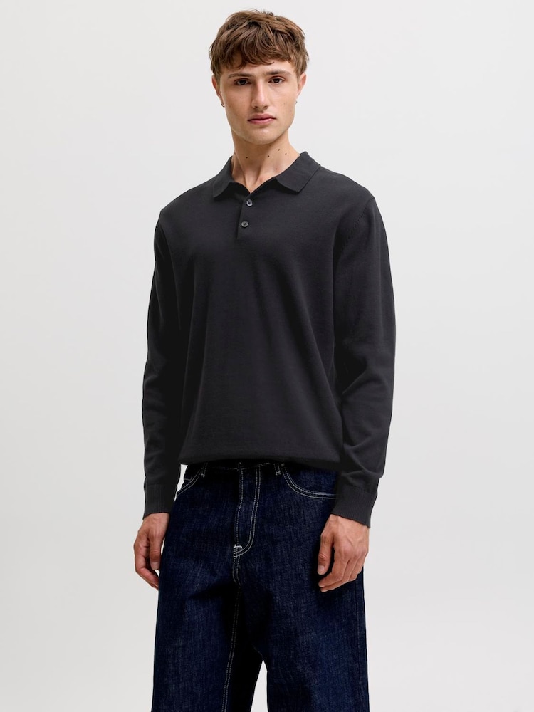 JACK & JONES Black Long Sleeve Knitted Polo Shirt - Image 2 of 3 JACK & JONES Black Long Sleeve Knitted Polo Shirt - Image 2 of 3