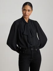 Lauren Ralph Lauren Black Klaryce Georgette Pussy Bow Blouse - Image 1 of 9